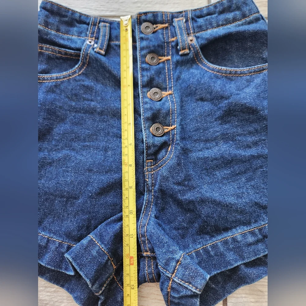 MOUSSY High Waist Denim Shorts Womens Sz 0 Dark Wash‎ Button Fly Exposed 3